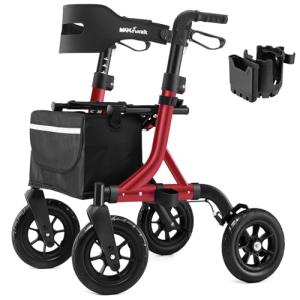 Rollator Walker for Seniors, Foldable All Terrain Rolling Walker with seat, Aluminum Walkers with 10 inch Rubber Wheels, Built-in Cable, Cup Holder, Adjustable Handles and Backrest for Seniors, Red