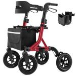Rollator Walker for Seniors, Foldable All Terrain Rolling Walker with seat, Aluminum Walkers with 10 inch Rubber Wheels, Built-in Cable, Cup Holder, Adjustable Handles and Backrest for Seniors, Red