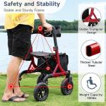 Rollator Walker for Seniors, Foldable All Terrain Rolling Walker with seat, Aluminum Walkers with 10 inch Rubber Wheels, Built-in Cable, Cup Holder, Adjustable Handles and Backrest for Seniors, Red