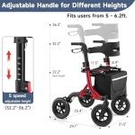 Rollator Walker for Seniors, Foldable All Terrain Rolling Walker with seat, Aluminum Walkers with 10 inch Rubber Wheels, Built-in Cable, Cup Holder, Adjustable Handles and Backrest for Seniors, Red