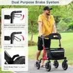 Rollator Walker for Seniors, Foldable All Terrain Rolling Walker with seat, Aluminum Walkers with 10 inch Rubber Wheels, Built-in Cable, Cup Holder, Adjustable Handles and Backrest for Seniors, Red