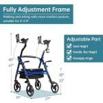 ELENKER Heavy Duty Upright Walker with Extra Wide Padded Seat and Backrest, Aluminum Bariatric Stand Up Rolling Walker, 10” Wheels, Fully Adjustment Frame, Support up to 500 lbs for Seniors, Blue