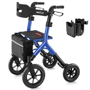 MAXWALK Rollator Walker with Seat, Tall Walkers for Seniors, 12" Big Rubber Wheels All Terrain Rollator Walker with Backrest, Built-in Cable, Foldable and Dual Adjustable Height for 5.3-7ft, Blue