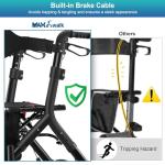 MAXWALK Rollator Walker with Seat, Tall Walkers for Seniors, 12" Big Rubber Wheels All Terrain Rollator Walker with Backrest, Built-in Cable, Foldable and Dual Adjustable Height for 5.3-7ft, Black