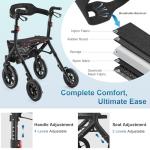 MAXWALK Rollator Walker with Seat, Tall Walkers for Seniors, 12" Big Rubber Wheels All Terrain Rollator Walker with Backrest, Built-in Cable, Foldable and Dual Adjustable Height for 5.3-7ft, Black