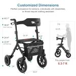 MAXWALK Rollator Walker with Seat, Tall Walkers for Seniors, 12" Big Rubber Wheels All Terrain Rollator Walker with Backrest, Built-in Cable, Foldable and Dual Adjustable Height for 5.3-7ft, Black