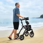 MAXWALK Rollator Walker with Seat, Tall Walkers for Seniors, 12" Big Rubber Wheels All Terrain Rollator Walker with Backrest, Built-in Cable, Foldable and Dual Adjustable Height for 5.3-7ft, Black