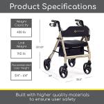 Comodità Prima Special Rollator Walker with Seat, Wheeled Rolling Walker for Adults and Seniors, 16" Wide Orthopedic Seat and 4 Wheel, with Cup Holder and Cane Holder, Metallic Graphite