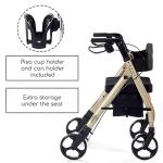 Comodità Prima Special Rollator Walker with Seat, Wheeled Rolling Walker for Adults and Seniors, 16" Wide Orthopedic Seat and 4 Wheel, with Cup Holder and Cane Holder, Metallic Graphite