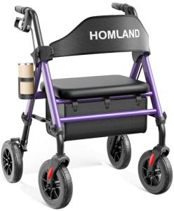 HOMLAND Walkers for Seniors with Seat, Foldable Rollator Walker, Reinforced Aluminum Frame, 8" Big Rubber Wheels for All Terrain, Height Adjustable Lightweight Rolling Walker