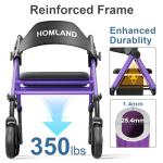 HOMLAND Walkers for Seniors with Seat, Foldable Rollator Walker, Reinforced Aluminum Frame, 8" Big Rubber Wheels for All Terrain, Height Adjustable Lightweight Rolling Walker