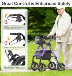 HOMLAND Walkers for Seniors with Seat, Foldable Rollator Walker, Reinforced Aluminum Frame, 8" Big Rubber Wheels for All Terrain, Height Adjustable Lightweight Rolling Walker