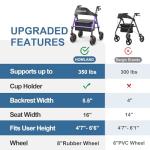 HOMLAND Walkers for Seniors with Seat, Foldable Rollator Walker, Reinforced Aluminum Frame, 8" Big Rubber Wheels for All Terrain, Height Adjustable Lightweight Rolling Walker