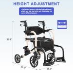 Flyingjoy 2-in-1 Heavy Duty Rollator Walker with 10" Front & 8" Rear Airless Tires, Foldable Transport Wheelchair for Seniors, Supports Up to 300 lbs, Adjustable Height, Safety Features, Easy Storage