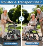 HOMLAND Walkers for Seniors with Seat, Foldable 2 in 1 Rollator Walker Wheelchair Combo, 10" All Terrain Transport Chair with Brakes, Adjustable Seat & Handles, 350lb Capacity, Storage Bag