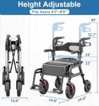 HOMLAND Walkers for Seniors with Seat, Foldable 2 in 1 Rollator Walker Wheelchair Combo, 10" All Terrain Transport Chair with Brakes, Adjustable Seat & Handles, 350lb Capacity, Storage Bag