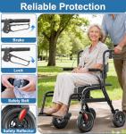 HOMLAND Walkers for Seniors with Seat, Foldable 2 in 1 Rollator Walker Wheelchair Combo, 10" All Terrain Transport Chair with Brakes, Adjustable Seat & Handles, 350lb Capacity, Storage Bag
