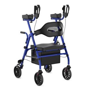 Fvzzin Upright Rollator Walker, Heavy Duty Stand Up Walkers for Seniors with Seat and Reversible Backrest, Foldable Standing Rollator with 8" Anti-Slip PU Wheels, Blue