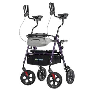 ELENKER All Terrain Upright Rollator Walker with Seat, Foldable Stand Up Walkers for Seniors with Armrest, Front Pouch, 10” Wheels, Fully Adjustment Frame, Purple
