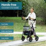 ELENKER All Terrain Upright Rollator Walker with Seat, Foldable Stand Up Walkers for Seniors with Armrest, Front Pouch, 10” Wheels, Fully Adjustment Frame, Purple