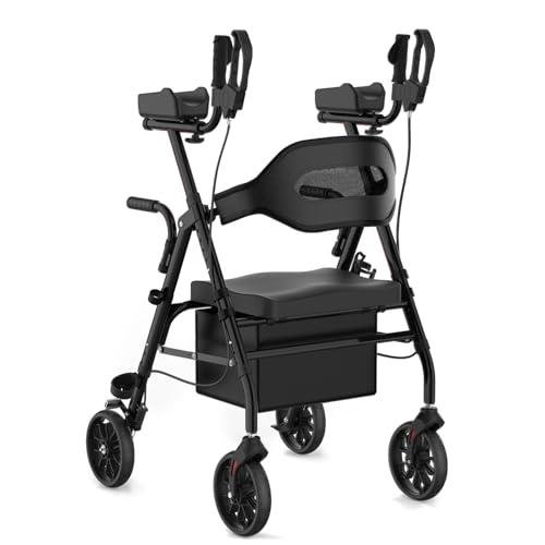 Fvzzin Upright Rollator Walker, Heavy Duty Stand Up Walkers for Seniors with Seat and Reversible Backrest, Foldable Standing Rollator with 8" Anti-Slip PU Wheels, Black