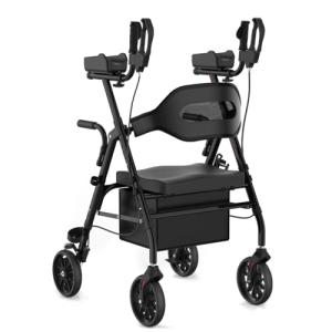 Fvzzin Upright Rollator Walker, Heavy Duty Stand Up Walkers for Seniors with Seat and Reversible Backrest, Foldable Standing Rollator with 8" Anti-Slip PU Wheels, Black