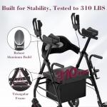 Fvzzin Upright Rollator Walker, Heavy Duty Stand Up Walkers for Seniors with Seat and Reversible Backrest, Foldable Standing Rollator with 8" Anti-Slip PU Wheels, Black