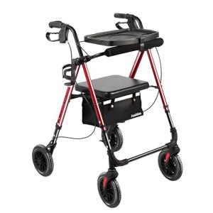 Ambliss Walkers for Seniors with Seat, Foldable Rollator Walker, 300 lbs Weight Capacity, 8" Wheels Dual Height Ajustable, Rolling Walker with Tray for All-Terrain (Red)