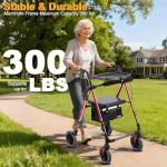 Ambliss Walkers for Seniors with Seat, Foldable Rollator Walker, 300 lbs Weight Capacity, 8" Wheels Dual Height Ajustable, Rolling Walker with Tray for All-Terrain (Red)