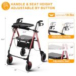 Ambliss Walkers for Seniors with Seat, Foldable Rollator Walker, 300 lbs Weight Capacity, 8" Wheels Dual Height Ajustable, Rolling Walker with Tray for All-Terrain (Red)