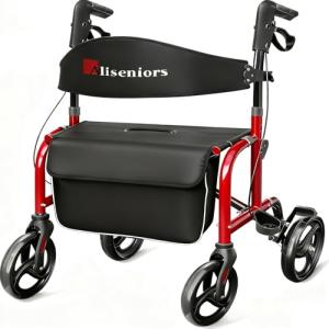Aliseniors Bariatric Walkers for Seniors, 500lbs Heavy Duty Rollator Walker with Seat, Extra Wide Rolling Walker with Backrest, 8'' All Terrain Wheels, Foldable and Height Adjustment, Red