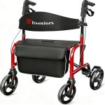 Aliseniors Bariatric Walkers for Seniors, 500lbs Heavy Duty Rollator Walker with Seat, Extra Wide Rolling Walker with Backrest, 8'' All Terrain Wheels, Foldable and Height Adjustment, Red