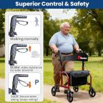 Aliseniors Bariatric Walkers for Seniors, 500lbs Heavy Duty Rollator Walker with Seat, Extra Wide Rolling Walker with Backrest, 8'' All Terrain Wheels, Foldable and Height Adjustment, Red