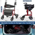 Aliseniors Bariatric Walkers for Seniors, 500lbs Heavy Duty Rollator Walker with Seat, Extra Wide Rolling Walker with Backrest, 8'' All Terrain Wheels, Foldable and Height Adjustment, Red