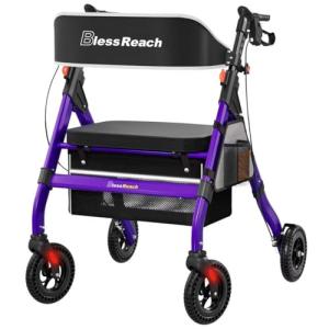 BlessReach Heavy-Duty Aluminum Rolling Walker - Foldable Rollator Walkers with Seat for Seniors, 450 lb Capacity, 8'' Wheels, 18" Big Seat, 6-Position Adjustable Height(Purple)