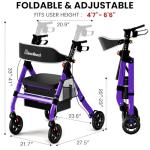 BlessReach Heavy-Duty Aluminum Rolling Walker - Foldable Rollator Walkers with Seat for Seniors, 450 lb Capacity, 8'' Wheels, 18" Big Seat, 6-Position Adjustable Height(Purple)