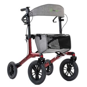 Real Relax All-Terrain Rollator with Seat, Outdoor Off Road Rolling Walker, Compact Folding, with 12” Non-Pneumatic Wheels, Storage Bag, for Seniors, Burgundy