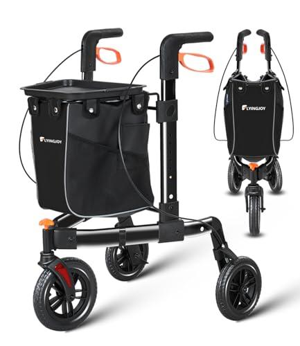 FlyingJoy 3 Wheel Walkers for Seniors,2025 New Ultra Lightweight Foldable Walker for Elderly,Extra Wide Basket for Seniors and Adults with Large Aluminum (Black)