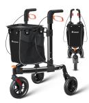 FlyingJoy 3 Wheel Walkers for Seniors,2025 New Ultra Lightweight Foldable Walker for Elderly,Extra Wide Basket for Seniors and Adults with Large Aluminum (Black)