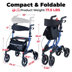 Rollator Walker Heavy Duty w/Seat Petite, Adjustable, Foldable, 350 lbs, Blue