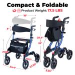 Rollator Walker Heavy Duty w/Seat Petite, Adjustable, Foldable, 350 lbs, Blue
