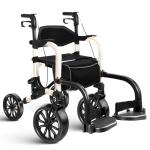 Flyingjoy 2-in-1 Heavy Duty Rollator Walker with 10" Front & 8" Rear Airless Tires, Foldable Transport Wheelchair for Seniors, Supports Up to 300 lbs, Adjustable Height, Safety Features, Easy Storage