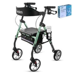 Cosydora Walkers for Seniors with Seat, Foldable Rollator Walker, Reinforced Aluminum Frame, 8" All Terrain Wheels, Height Adjustable Lightweight Rolling Walker, 350lb Weight Capacity, Sage Green