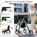Cosydora Rollator Walkers for Seniors with Seat, 13.6 Lbs Ultra Lightweight Foldable Rolling Walker, 350Lbs Heavy Duty Aluminum, 8" All Terrain Wheels, Dual Adjustable Height, Sage Green
