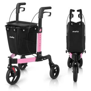 StrollAid 3 Wheel Walkers for Seniors, Foldable Rollator Walker with Tray & Large Storage Bag, 10" Big Wheel for All Terrain, 350 lb Weight Capacity, Pink