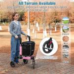 StrollAid 3 Wheel Walkers for Seniors, Foldable Rollator Walker with Tray & Large Storage Bag, 10" Big Wheel for All Terrain, 350 lb Weight Capacity, Pink