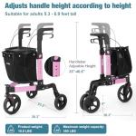 StrollAid 3 Wheel Walkers for Seniors, Foldable Rollator Walker with Tray & Large Storage Bag, 10" Big Wheel for All Terrain, 350 lb Weight Capacity, Pink
