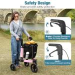 StrollAid 3 Wheel Walkers for Seniors, Foldable Rollator Walker with Tray & Large Storage Bag, 10" Big Wheel for All Terrain, 350 lb Weight Capacity, Pink