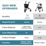 StrollAid 3 Wheel Walkers for Seniors, Foldable Rollator Walker with Tray & Large Storage Bag, 10" Big Wheel for All Terrain, 350 lb Weight Capacity, Pink