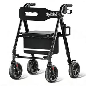 RollisRoll Walkers for Seniors Taller 5.3~7ft, Lightweight Foldable Rollator Walker, Built in Cable, Reinforced Aluminum Frame, 8" Big Rubber Wheels for All Terrain, 350lb Weight Capacity, Black